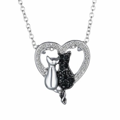 #ad Fashion Couple Crystal White Black Cat Heart Pendant Necklace Women Jewelry Gift