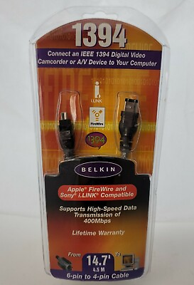 Belkin 1394 6#x27; 1.8m 6 pin to 4 pin Cable Apple Fire Wire and Sony i.LINK