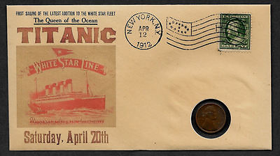 1912 Titanic with 117 year old stamp and coin on a Collector#x27;s Envelope *581OP
