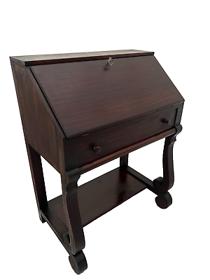#ad Antique Desk Secretary Locking Door Bottom Shelf Drawer Mahogany Empire style