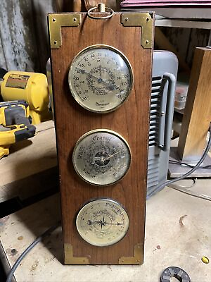 #ad Barometer Thermometer Hygrometer Wall Hanging Brass Accent 17”x6”