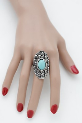 #ad Women Vintage Oval Silver Metal Ring Fashion Jewelry Western Turquoise Blue Bead