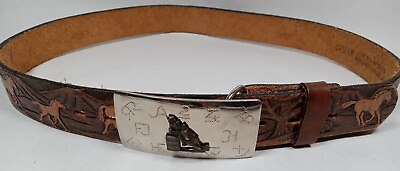 #ad Vintage Belt Childs Hand Tooled Leather Western Cowboy Chambers 24 Small Horse