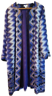 #ad Chicos Purple Zig Zag Duster Size 2 Lined Geometric Long Open Flowy Sequins