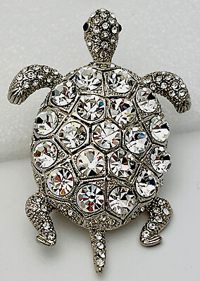 #ad Turtle Silver Tone 96 Crystal Pin Brooch