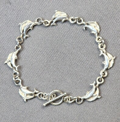 #ad Vintage Sterling Silver 925 Dolphin Link Bracelet 7quot; Womens Jewelry Ocean Animal