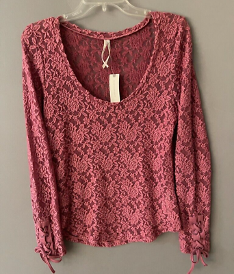 #ad Anthropologie Pink Lace Top with Lace up Sleeves Size L NWT