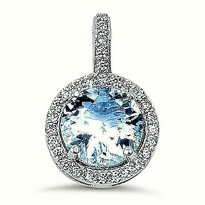 #ad Aquamarine Halo Pendant Necklace in Sterling Silver March Birthstone