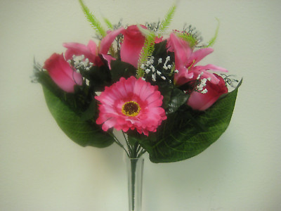 #ad BEAUTY Mixed Rose Daisy Lily Bush Artificial Silk Flowers 15quot; Bouquet 12 293BT