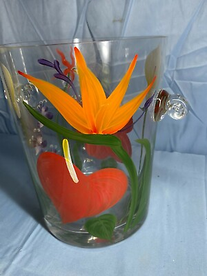 Luminarc Glass Multicolor A Dorata Floral Ice Bucket Container Handles 8.75 Inch