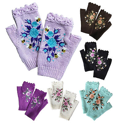 #ad #ad Hand Embroidered Gloves Women#x27;s Knitted Flower Gloves Fingerless Gloves