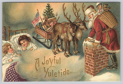 #ad #ad Postcard Joyful Yuletide Santa Chimney Sleigh Reindeer Sleeping Children Modern