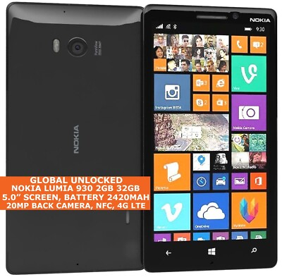 #ad NOKIA LUMIA 930 32gb 2gb 20 MP Camera Unlocked Black Windows 8.0 LTE Smartphone