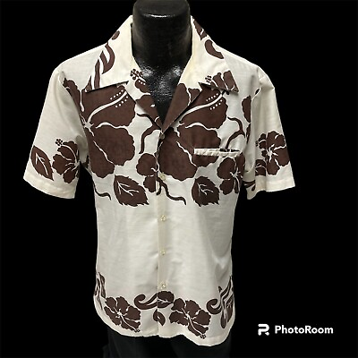 #ad Vtg 70#x27;s Royal Palm Men MOD White Brown FLORAL Butterfly Collar HAWAIIAN Shirt L