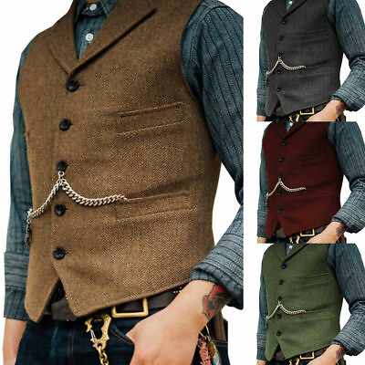 Mens Tweed Lapel Vest Jacket Herringbone Waistcoat Casual Formal Sleeveless Tops