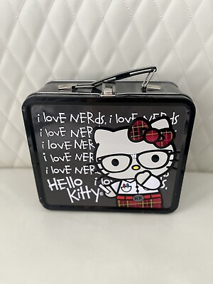 LOUNGEFLY HELLO KITTY Sanrio Metal Lunch Box i love NERds 2013 Black Red Plaid