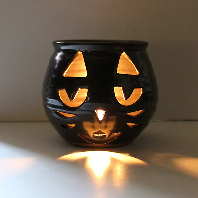 #ad #ad Alewine Pottery Black Cat Luminary Jack O’Lantern Candle Holder 4.75” stoneware