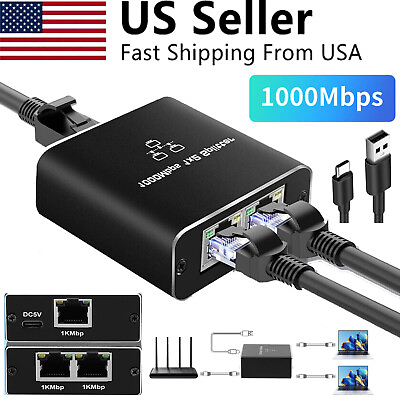 #ad #ad 1000Mbps Ethernet Splitter Adapter RJ45 Cable LAN Network Internet 1 IN 2 Out US