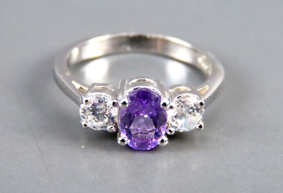 #ad STERLING SILVER Lovely Three Stone Ring AMETHYST amp; CLEAR Wedding Engagement SZ 6