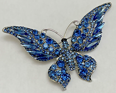 Blue Crystal Rhinestones Butterfly Brooch Pin Vintage Glass Silver Tone Large US