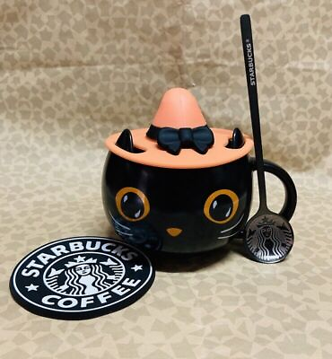 Starbucks MUGS Black Cat W Cap Lid Black Spoon Coaster Hallowmas Coffee Mug Cup