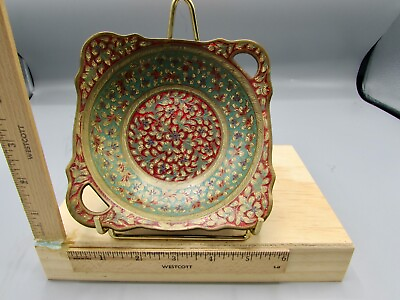 #ad Brass Enamel Trinket Dish Red Blue Green Flowers Made In India Handles 7 In Wide