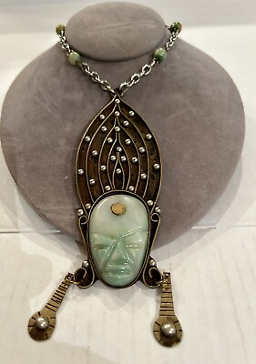 Green Carved Jade amp; Brass Head Face Pendant Necklace Mexico Vintage