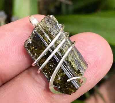 #ad 27.6 carat Sterling Silver Wire Wrap Pendant Epidote Crystal Necklace Gift