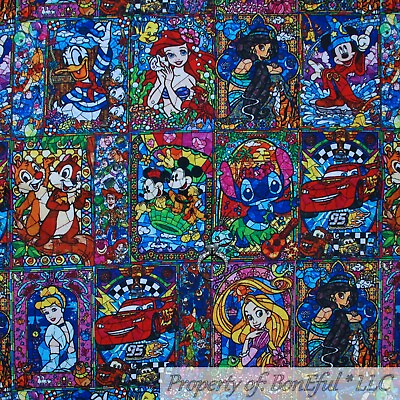 #ad BonEful Fabric FQ Quilt Cotton Decor VTG Disney Block Princess Stitch RARE Print