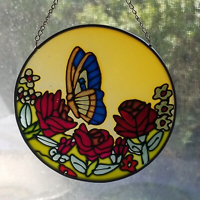 Vintage Stained Glass Suncatcher Window Hanging Roses Butterfly Round 4.5”