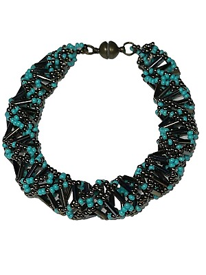 #ad Handmade Beaded Bracelet DNA Spiral Bronze amp; Turquoise Beads Magnetic Clasp