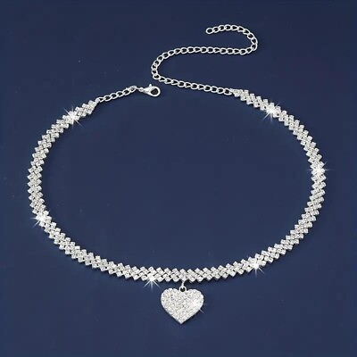 #ad Luxury Glitter Rhinestone Heart Rhombus Chain Pendant Necklace Silver Color Gift