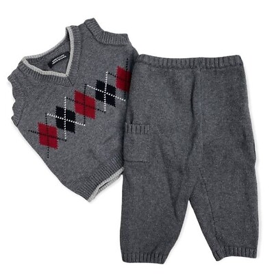 #ad Plaid grey red knit baby set vest and pants baby boy size 6 9 months