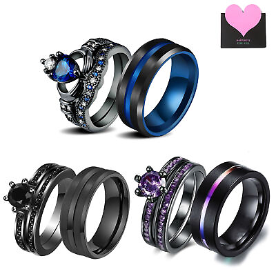 #ad 2pcs Hisamp;Hers Couple Rings Heart CZ Matching Promise Wedding Engagement Band Set