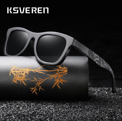 #ad Bamboo Wood Polarized Square Sunglasses For Men Black Wooden Frame Glasses UV400