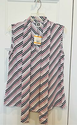 #ad Anne Klein Womens Blouse Tie Neck Sleeveless Striped Multicolor Size Small NWT