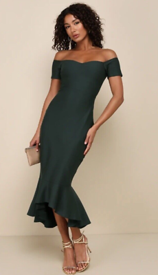 #ad Lulus How Much I Care Dark Green Off the Shoulder Midi Dress Size Medium NWT