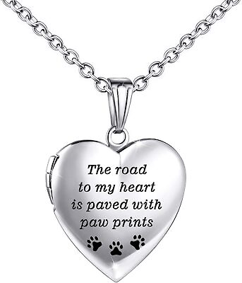 #ad Dog Paw Locket Necklace with Love Heart Photo Locket Birthstone Crystals Penda