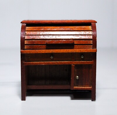 #ad Vintage Artisan Dollhouse Miniature Wood Antique Roll Top Ladies Desk 1:12