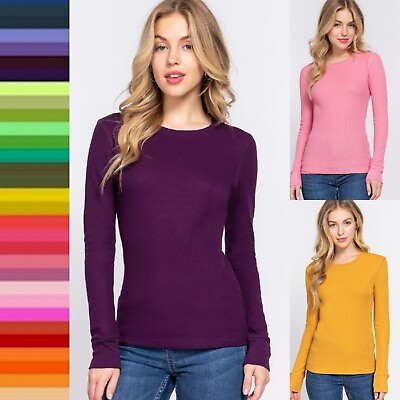 #ad Slim Fit Women Crew Round Neck Long Sleeve Thermal Shirt Cotton Waffle Knit Top