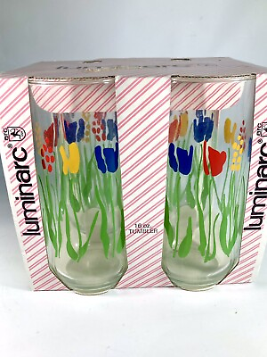 Spring Garden Luminarc Durand 4 Tumbler Set Bright Tulips amp; Blooms Unused USA