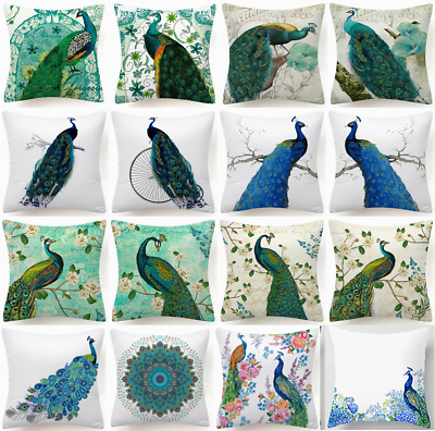 Cushion Cover Peacock Blue Bird Turquoise Green White Pillow Case 2 Sided 18x18quot;