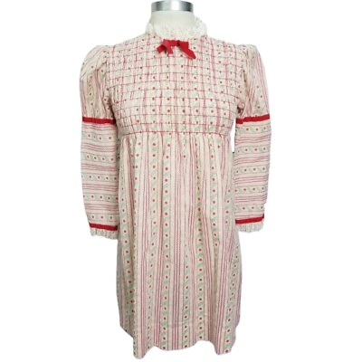 #ad Vintage 70s Youngland Kids Cottage Core Prairie Floral Striped Long Sleeve Dress