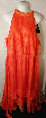 #ad Women Midi Dress Orange Floral Burnout Hi Low Hem Dress Kaleidoscope UK 22 EU 50