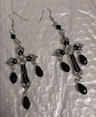 #ad Black Silver Gothic Cross Earrings