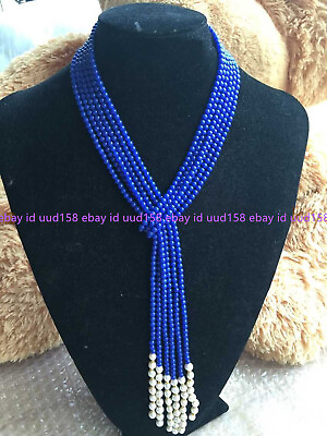 #ad New Long Charming 3 Strands 4mm Blue Lazuli Bead amp; 7 8mm White Pearl Necklac 50quot;