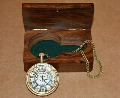 #ad Vintage Antique Engraved Brass Elgin Pocket watch W Chain Gift him WITH BOX
