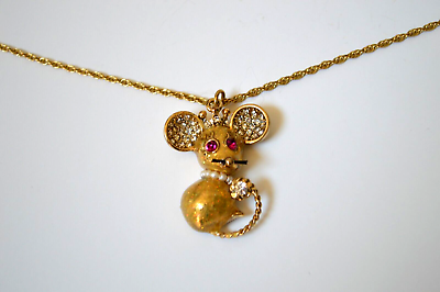 #ad New Betsey Johnson Mouse Pendant on a Gold Necklace Rhinestone 3D B05335 N01 $50