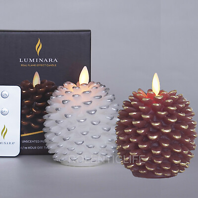 Luminara Moving Wick Pine Cone Wax Candles Battery Operated Remote Brown White