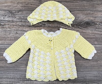 #ad #ad Hand Knit Baby Girl Sweater And Hat Size 0 6 Months Yellow White Colors